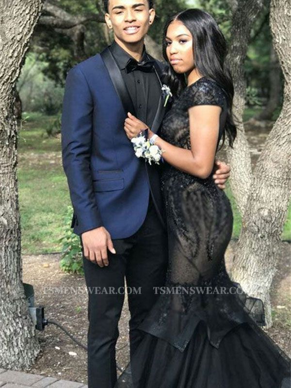 Jacob Navy Blue Two-Piece Slim Fit Prom Mens Suits with Black Silk Lapel