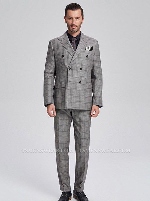 Vintage Peak Lapel Double Breasted Checked Grey Mens Suits for Business