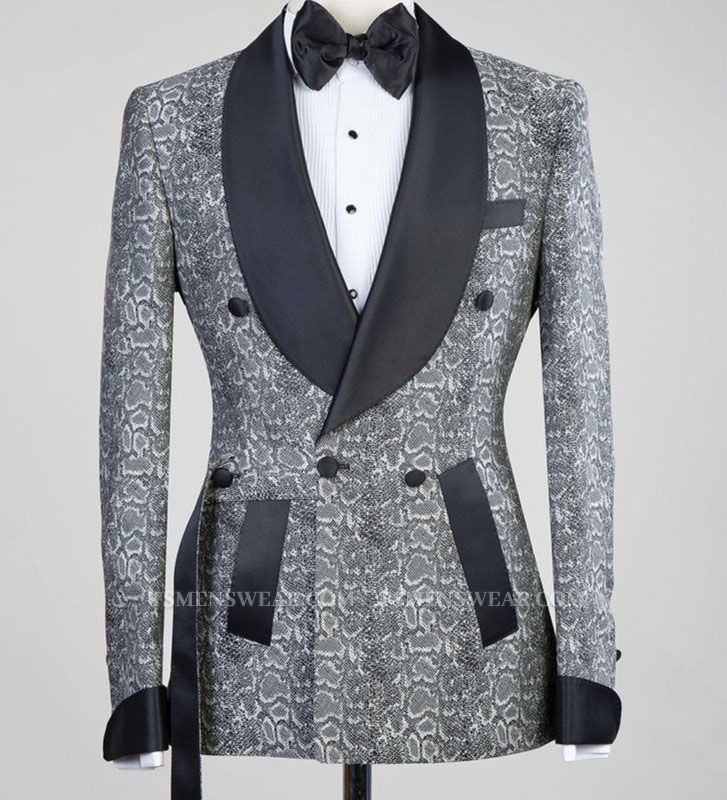 Khalil Gray Double Breasted Jacquard Wedding Men Suits with Black Lapel