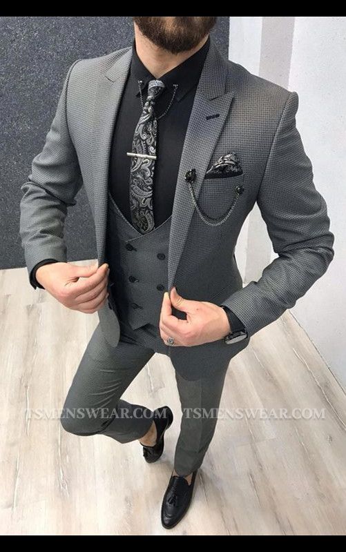 Stylish Black Plaid Peaked Lapel Bespoke Slim Fit Business Suits