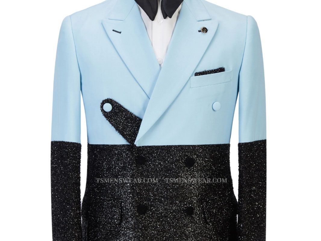 Stylish Sky Blue Stitching Sparkle Black Peak Lapel 2 Piece Men's Suit Online