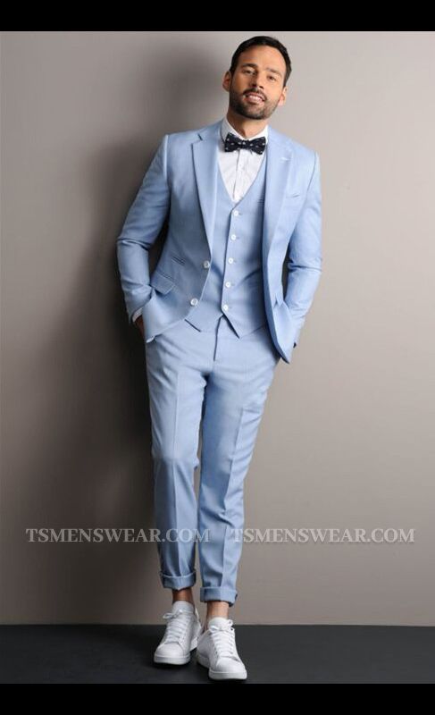 Leon Sky Blue Three Pieces Notched Lapel Fashion Men Suits