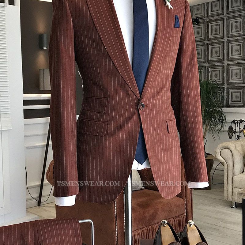 Jeff Stylish Slim Fit Striped Peaked Lapel 3 Flaps Business Men Suits