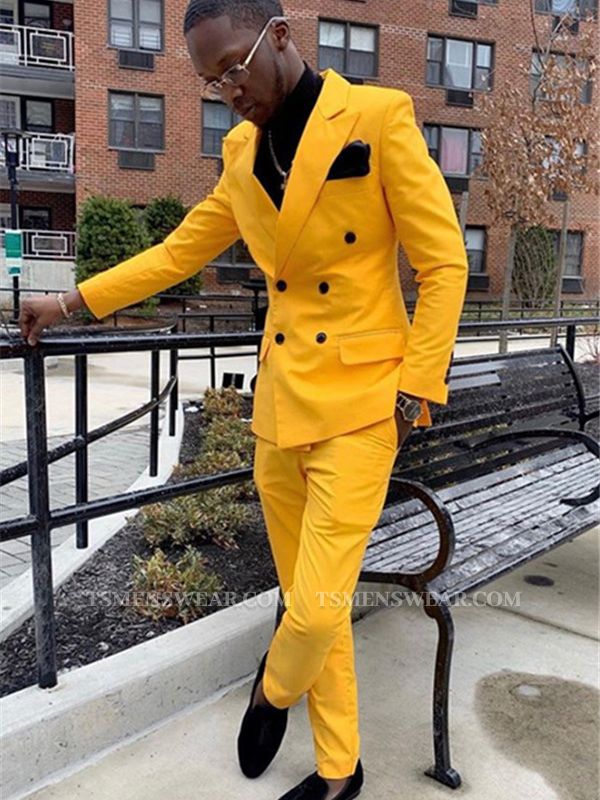 Yellow Double Breasted Slim Fit Peaked Lapel Mens Suits