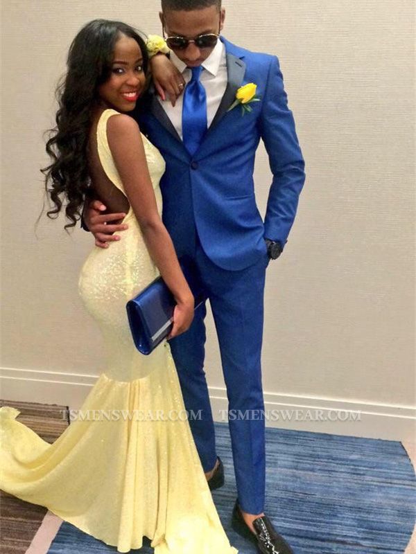 Royal Bule One Button Prom Outfits | Two Pieces Men Suit with Black Lapel