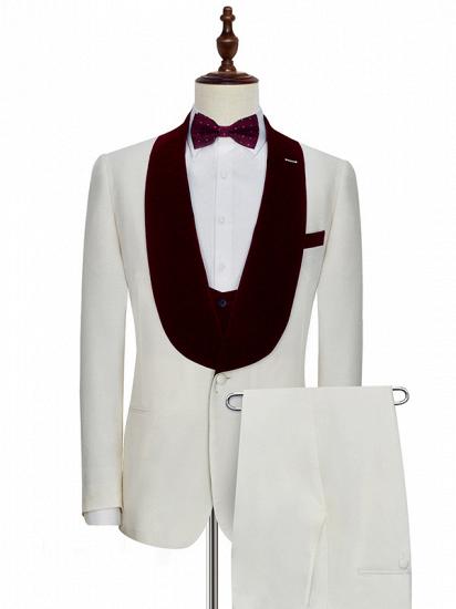 Velvet Shawl Collar White Wedding Tuxedos | Three Piece Wedding Suits with Burgundy Vest_1