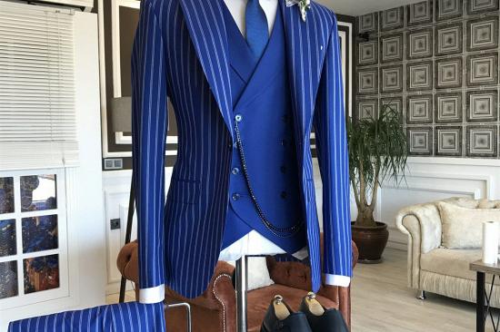 Marvin Trendy Blue Striped 3-pieces Peaked Lapel Formal Men Suits_2