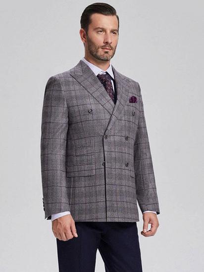 Elegant Grey Plaid Double Breasted Blazer Jacket for Men with Flap Pockets_2