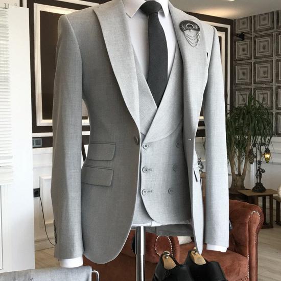 Henry High Quality Light Gray Peaked Lapel 3 Flaps Formal Business Suits For Men_1