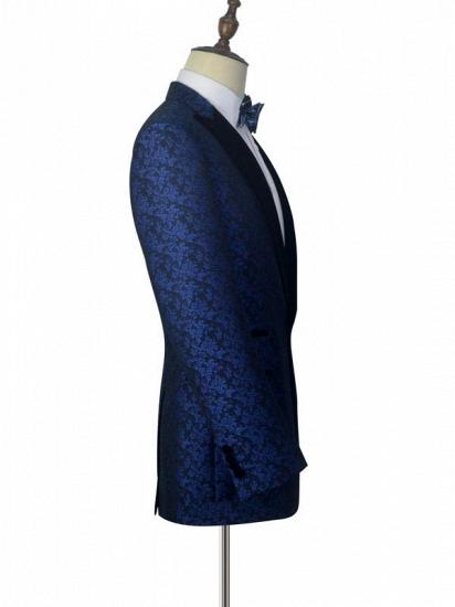Blue Floral Patter Tuxedos for Wedding | Black Velvet Peak Collar Prom Suits_4