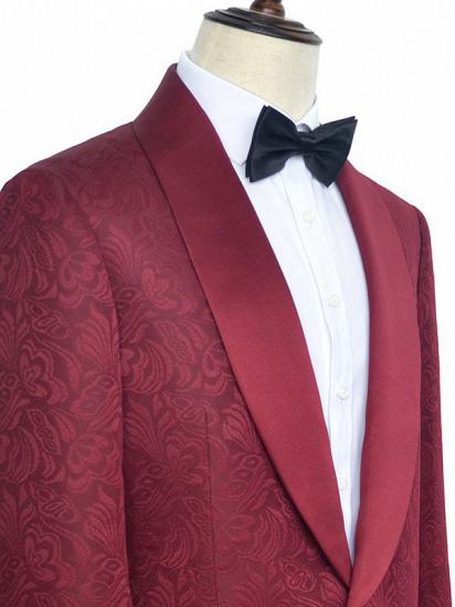 Luxury Burgundy Jacquard One Button Silk Shawl Lapel Mens Suits for Wedding and Prom_3