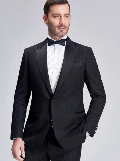 Popular Silk Peak Lapel Black Mens Suits for Wedding | One Button Stripes Wedding Tuxedo_8