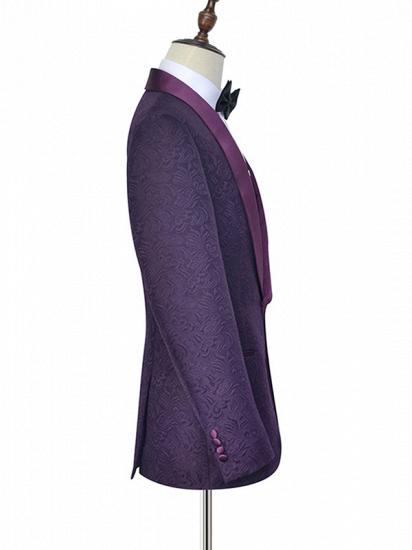 Luxury Dark Purple One Button Wedding Tuxedos | Silk Shawl Lapel Jacquard Prom Suits_5