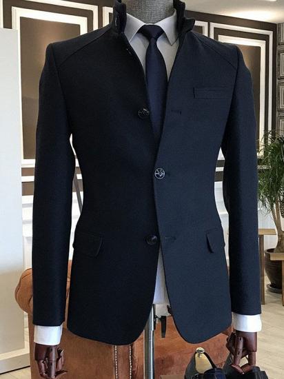 Leo Formal Navy Blue Stand Collar One Button Slim Fit Wool Coat For Business