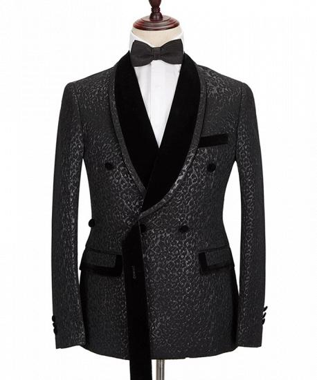 Stylish Velvet Lapel Double Breasted Prom Suit | Belt Leopard Black Jacquard Men's Suit for Wedding_1