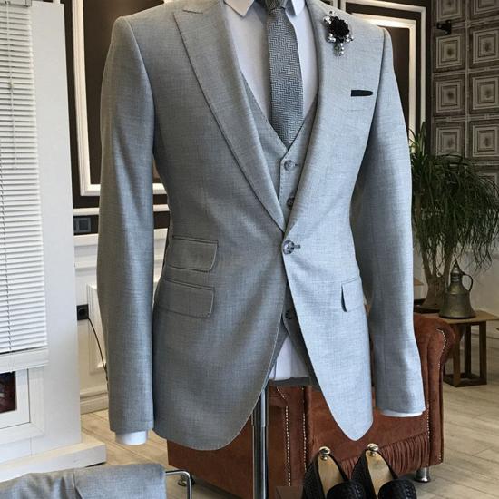 Kent Formal Light Gray 3-Pieces Peaked Lapel Suits For Men Business_1