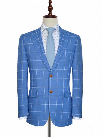 Modern Notch Lapel Two Button Blue Mens Suits | Three Flap Pockets Check Pattern Leisure Suits