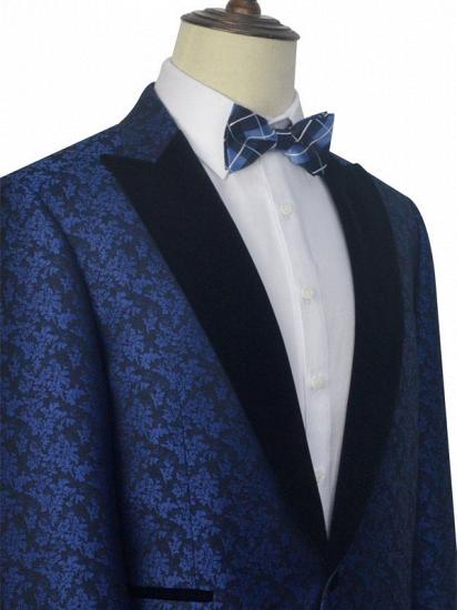 Blue Floral Patter Tuxedos for Wedding | Black Velvet Peak Collar Prom Suits_5