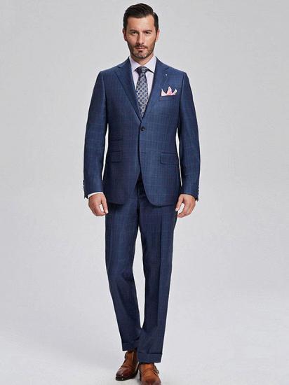 Fashionable Blue Plaid Mens Business Suits with Three Flap Pockets_1