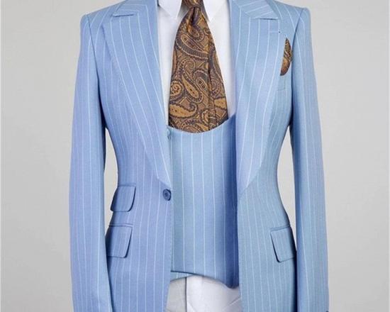 Isiah Fashion Blue Stripe Peaked Lapel Three Pieces Men Suits_2