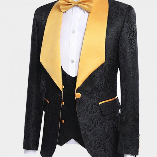 Black Jacquard Tuxedo with Gold Shawl Lapel | Three Pieces Men Suits_5