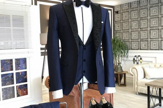 Modern Navy Blue 3-Pieces Black Jacquard Peaked Lapel Business Suits For Men_2