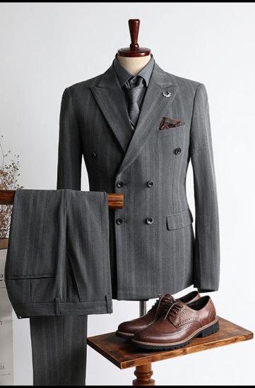 Mason New Arrival Gray Stripe Peaked Lapel Double Breasted Business Men Suits_1