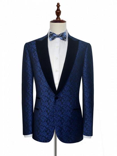 Blue Floral Patter Tuxedos for Wedding | Black Velvet Peak Collar Prom Suits_3