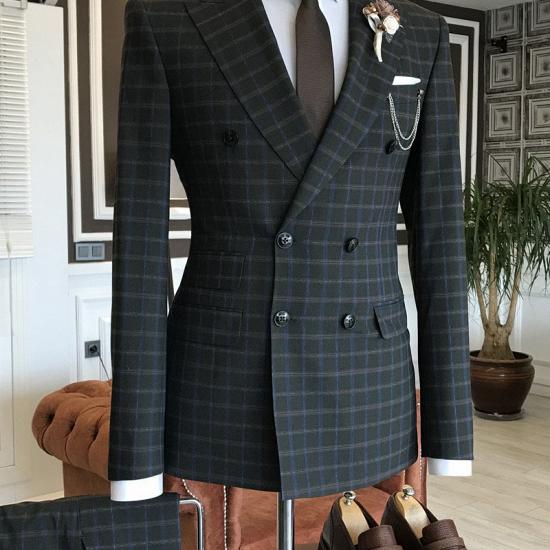 Baron Black Plaid Double Breasted Slim Fit Business Suits For Men_1
