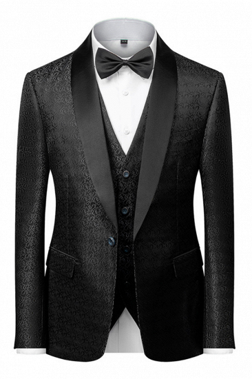 Classic Black Satin Shawl Lapel Jacquard Suits Men's Wedding Tuxedos_1