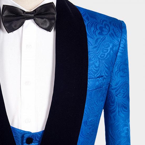 Royal Blue Floral Jacquard Men Suits | Slim Fit Tuxedo Online (Jacket vest pants shirt)_4