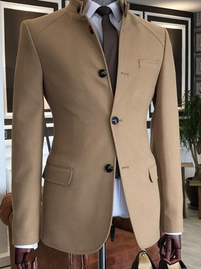 Levi Camel Stand Collar 3 Button 2 Flaps Slim Fit Wool Jacket For Business