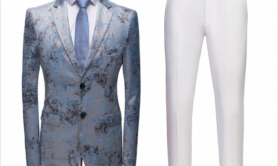 Printing Men's Prom Suits | Blue Wedding Tuxedos with White Pants_2