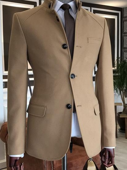 Levi Camel Stand Collar 3 Button 2 Flaps Slim Fit Wool Jacket For Business_2