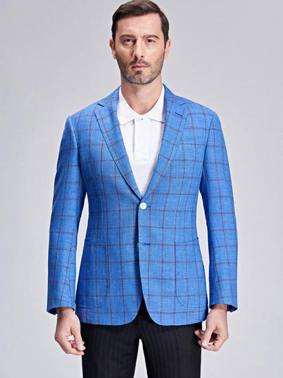 Brown Plaid Bright Blue Casual Blazer Jacket with Patch Pocket_1