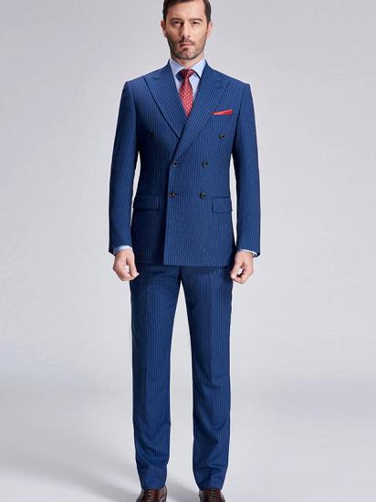 Peak Lapel Blue Mens Suits for Business | Stripes Double Breasted Mens Suits