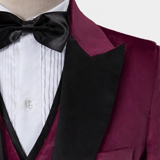 Burgundy Velvet Three Pieces Tuxedo | Peak Lapel Prom Suits For Men_3