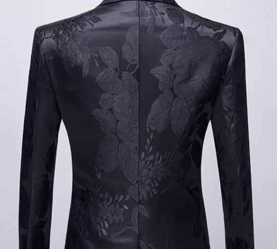 Stylish Notched Lapel Two Buttons Men's Suits | Floral Jacquard Black Wedding Tuxedos_2