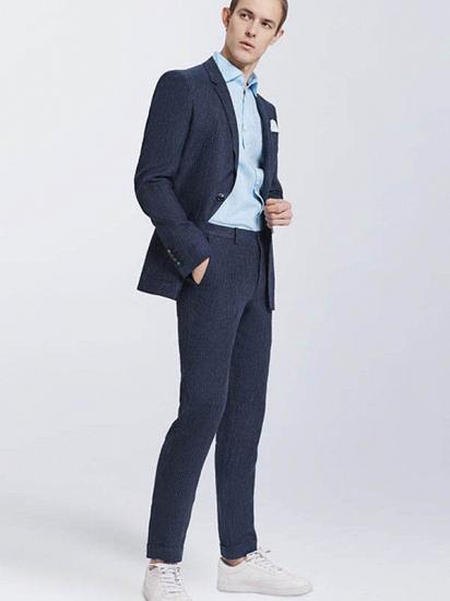 Modern Dark Navy Mens Casual Suits | Stripes Patch Pockets Daily Men's Suits