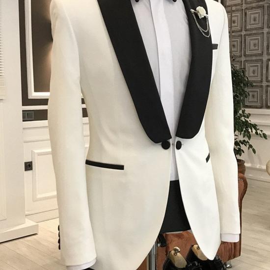 Jason Simple White Mixed Black Peaked Lapel One Button Slim Fit Prom Men Suit_1