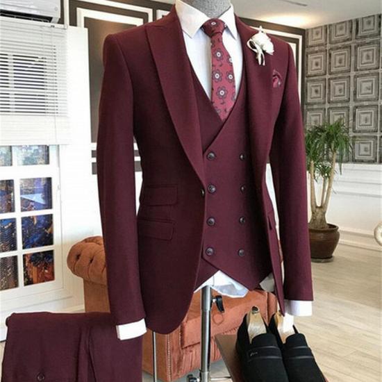 Maverick Burgundy Peaked Lapel Three Pieces Men's Suit_2