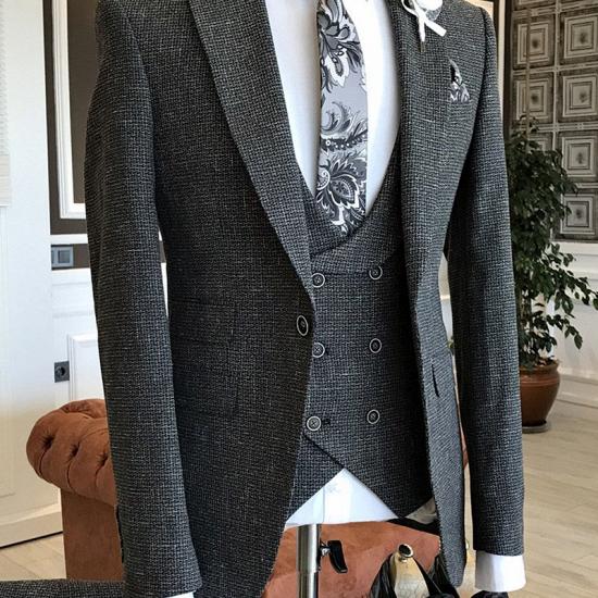 Otis Classic Dark Gray Small Plaid Peaked Lapel Double Breasted Waistcoat Business Suits_1