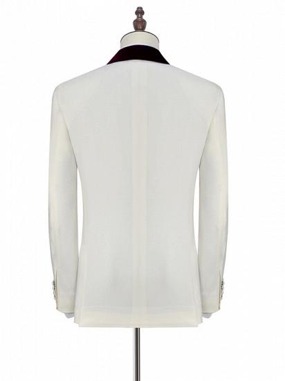 Velvet Shawl Collar White Wedding Tuxedos | Three Piece Wedding Suits with Burgundy Vest_3
