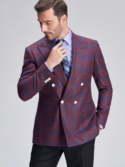 Peak Lapel Blue Plaid Double Breasted Fashionable Blazer Jacket for Men_1