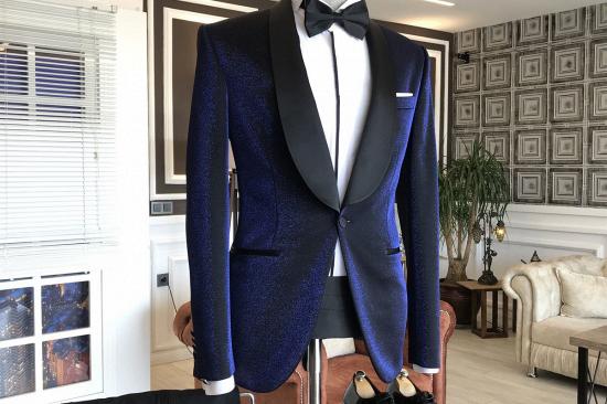 Luciano Sparkly Navy Blue Shawl Lapel Wedding Suits with Black Lapel_2
