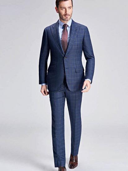 Small Checked Pattern Gentle Mens Suits | Peak Lapel Blue Suits for Men_1