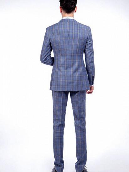 Two Buttons Flap Pocket Checked Pattern Blue Suits for Business Men_3