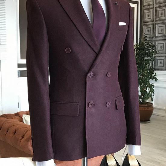 Nathan Burgundy Double Breasted Bespoke Business Suits For Men_1
