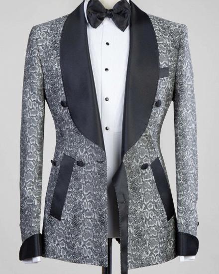 Khalil Gray Double Breasted Jacquard Wedding Men Suits with Black Lapel_3