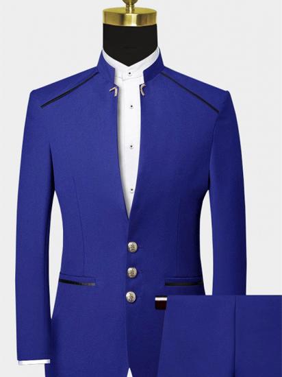 Business Blue Mandarin Collar Suits for Men | Bespoke Two Pieces Prom Suits_1